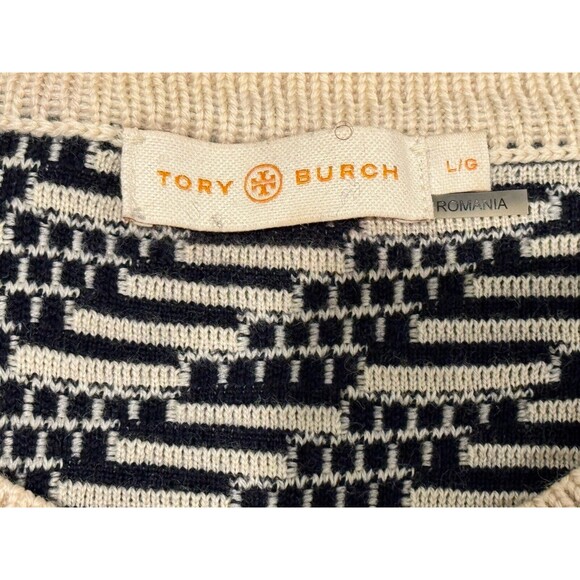 Tory Burch Size Large Geometric Pattern Crew Neck Sweater Wool Women Black Cream - Picture 8 of 9